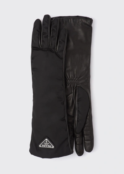 Prada Long Nylon Leather Gloves In Black