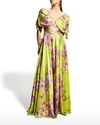JOVANI FLORAL-PRINT RUCHED DRAPE-SLEEVE A-LINE GOWN,PROD242630524