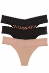 Natori Bliss Perfection Lace-trim Thong, Pack Of 3 750092mp In Caramel Zebra Print/black/cafe