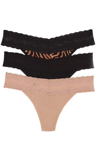 Natori Bliss Perfection Lace-trim Thong, Pack Of 3 750092mp In Caramel Zebra Print/black/cafe