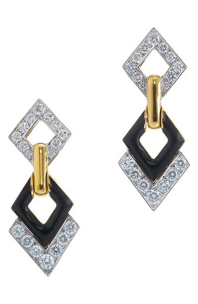 David Webb Women's Motif 18k Yellow Gold, Platinum, Black Enamel & Double Diamond Interlocking Earrings In Ylwgold