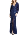 Mac Duggal Navy Embellished Front Slit Long Sleeve Gown In Midnight Blue