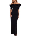 XSCAPE RUFFLED OFF-THE-SHOULDER GOWN
