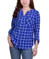 Ny Collection Women's 3/4 Roll Tab Sleeve Mandarin Collar Blouse In Surf Roomtile