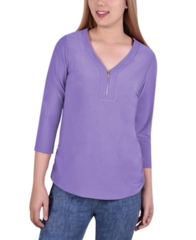 Ny Collection Women's Long Sleeve Crepe Knit V Neck Top With Zipper In Mulled Grape