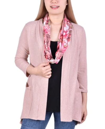 Ny Collection Women's Cardigan With Inset And Detachable Printed Scarf In Beige Paisfusetrio