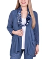 NY COLLECTION WOMEN'S CARDIGAN WITH INSET AND DETACHABLE PRINTED SCARF