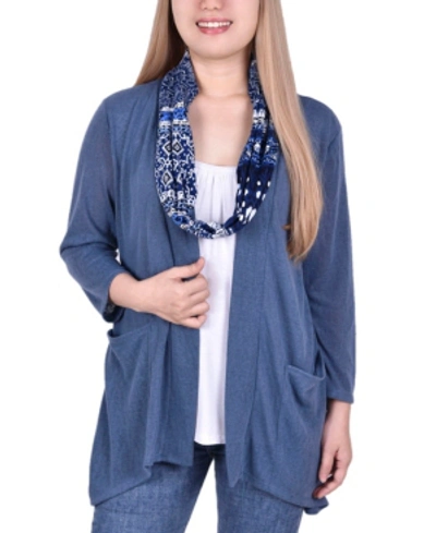 Ny Collection Women's Cardigan With Inset And Detachable Printed Scarf In Navy Fuselinetrio