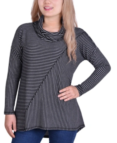 Ny Collection Women's Long Sleeve Mini Striped Seamed Cowl Neck In Black Ivory