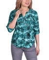 Ny Collection Women's Plus Size 3/4 Sleeve Pleat Front Y Neck Top In Emerald