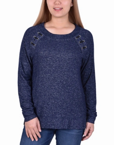 Ny Collection Women's Long Sleeve Lacing Detail Pullover In Navy