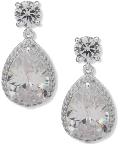 Anne Klein Silver-tone Pear-shape Crystal Halo Drop Earrings In White