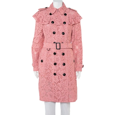 Pre-owned Burberry Pink Lace Ruffled Double Breasted Stanhill Trench Coat M