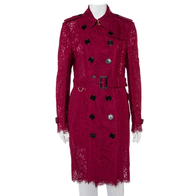 Pre-owned Burberry Burgundy Lace Double Breasted Belted Trench Coat L