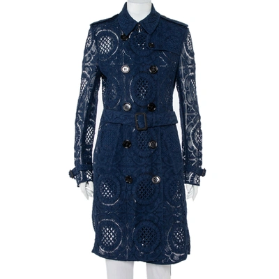 Pre-owned Burberry Navy Blue Lace Double Breasted Belted Stanhill Trench Coat L