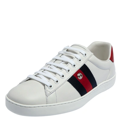 Pre-owned Gucci White Leather Ace Web Low Top Removable Patch Sneakers Size 39