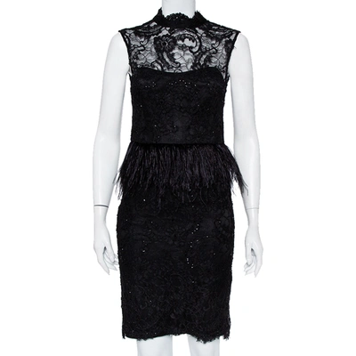 Pre-owned Alice And Olivia Black Embellished Lace & Feather Trim Patricia Peplum Dress S