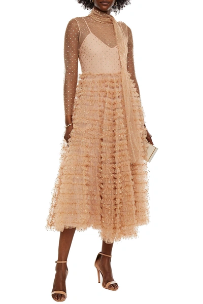 Red Valentino Tie-neck Ruffled Glittered Tulle Midi Dress In Neutral