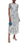 Red Valentino Layered Glittered Tulle And Floral-print Crepe Midi Dress In Light Blue