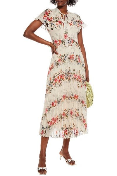 Red Valentino Pussy-bow Pleated Floral-print Georgette Midi Dress In Ecru