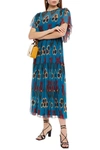 Red Valentino Ruffle-trimmed Printed Silk-crepon Midi Dress In Petrol