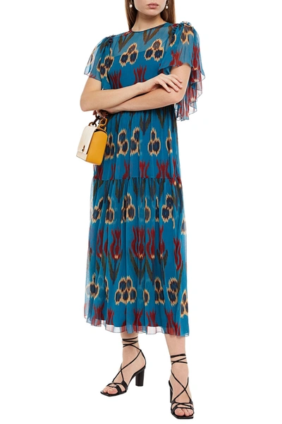 Red Valentino Ruffle-trimmed Printed Silk-crepon Midi Dress In Petrol