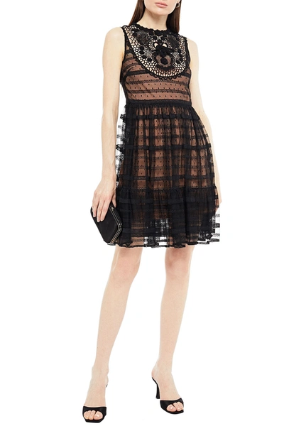 Red Valentino Gathered Crochet And Point D'esprit Mini Dress In Black