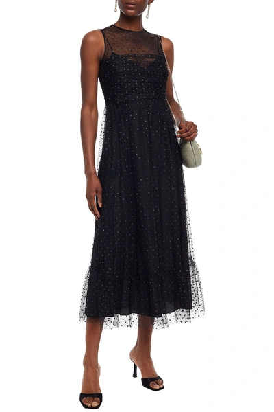 Red Valentino Gathered Glittered Tulle Midi Dress In Black