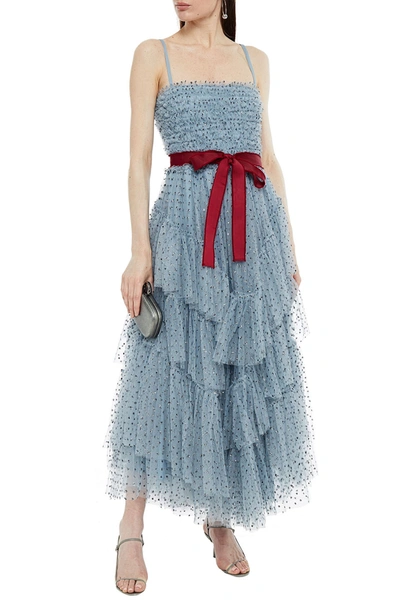 Red Valentino Tiered Glittered Tulle Maxi Dress In Slate Blue | ModeSens