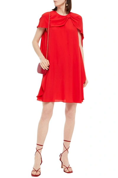 Red Valentino Cape-effect Knotted Crepe De Chine Mini Dress In Tomato Red