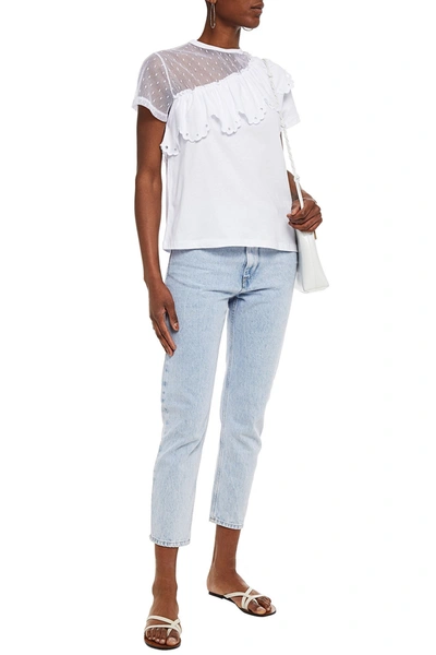Red Valentino Ruffled Point D'esprit Paneled Cotton-jersey T-shirt In White