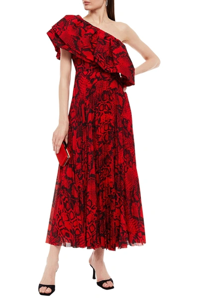 Solace London Rosa One-shoulder Ruffled Pleated Snake-print Crepe Maxi Dress