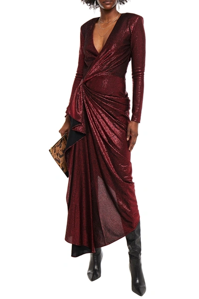 Redemption Cindy Wrap-effect Draped Lamé Midi Dress In Burgundy
