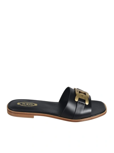 Tod's Chain-embellished Glossed-leather Slides In Black