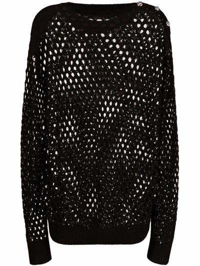 Philipp Plein Crystal-embellished Pointelle-knit Jumper In Black