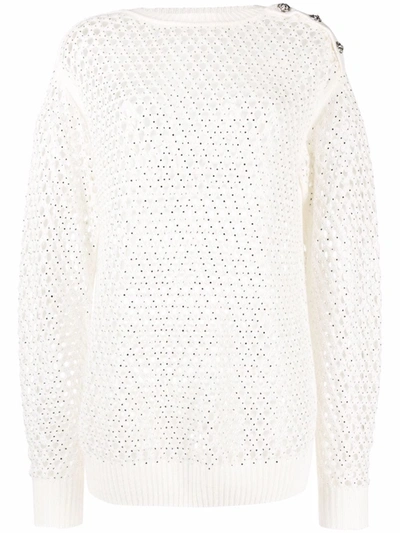 Philipp Plein Pointelle-knit Crystal-embellished Jumper In White