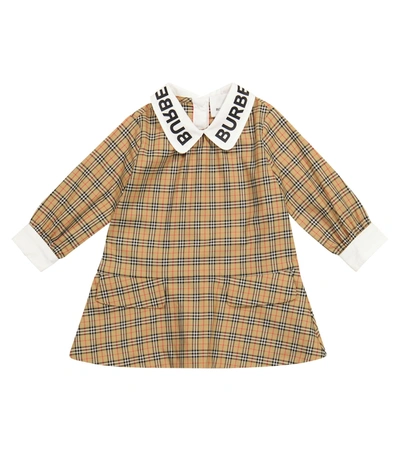 Burberry Beige Dress For Baby Girl With Black Logo