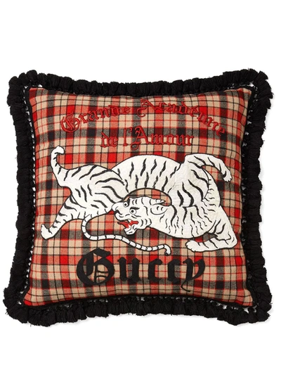 Gucci Tiger-embroidered Wool-blend Tartan Cushion In Brown