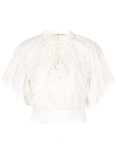 Alice And Olivia Tabitha Cropped Lace-trimmed Embroidered Cotton-voile Top In Off White