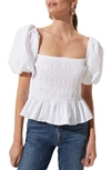 Astr Bubble Sleeve Smocked Blouse In White