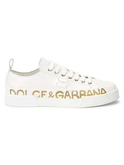 Dolce & Gabbana Sneakers In White Leather With Gold Logo In Bianco