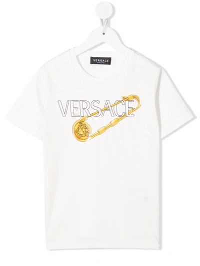 Versace Kids' Logo Print Cotton Jersey T-shirt In Bianco