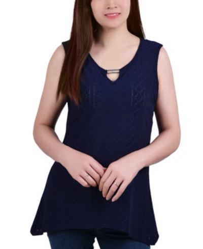 Ny Collection Petite Sleeveless Knit Eyelet Top In Blue