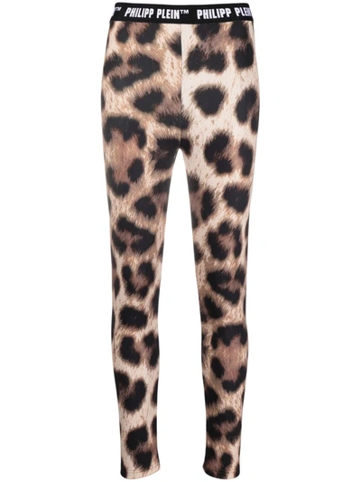 Philipp Plein Leopard-print Biker Leggings In Brown