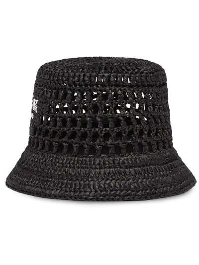 Prada Raffia Woven Bucket Hat In Black