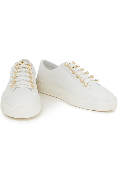 Stuart Weitzman Excelsa Faux Pearl-embellished Leather Trainers In White