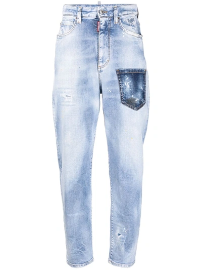 Dsquared2 Logo-patch Distressed-effect Tapered Jeans In Blau