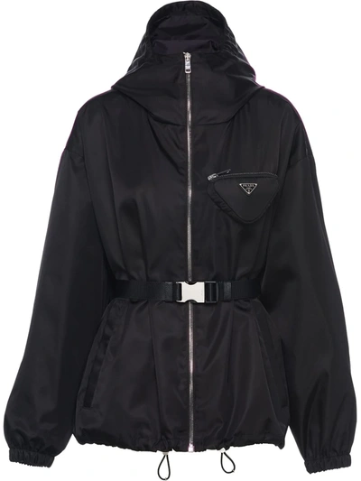 Prada Re-nylon Hooded Blouson Jacket With Pouch In Black