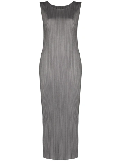 Issey Miyake Womens Grey Pleated Round-neck Knitted Midi Dress