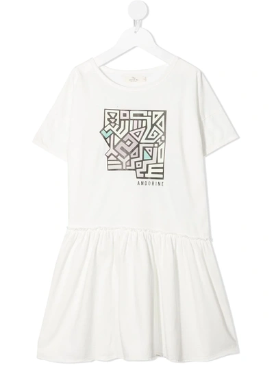 Andorine Kids' Logo印花荷叶边t恤式连衣裙 In White